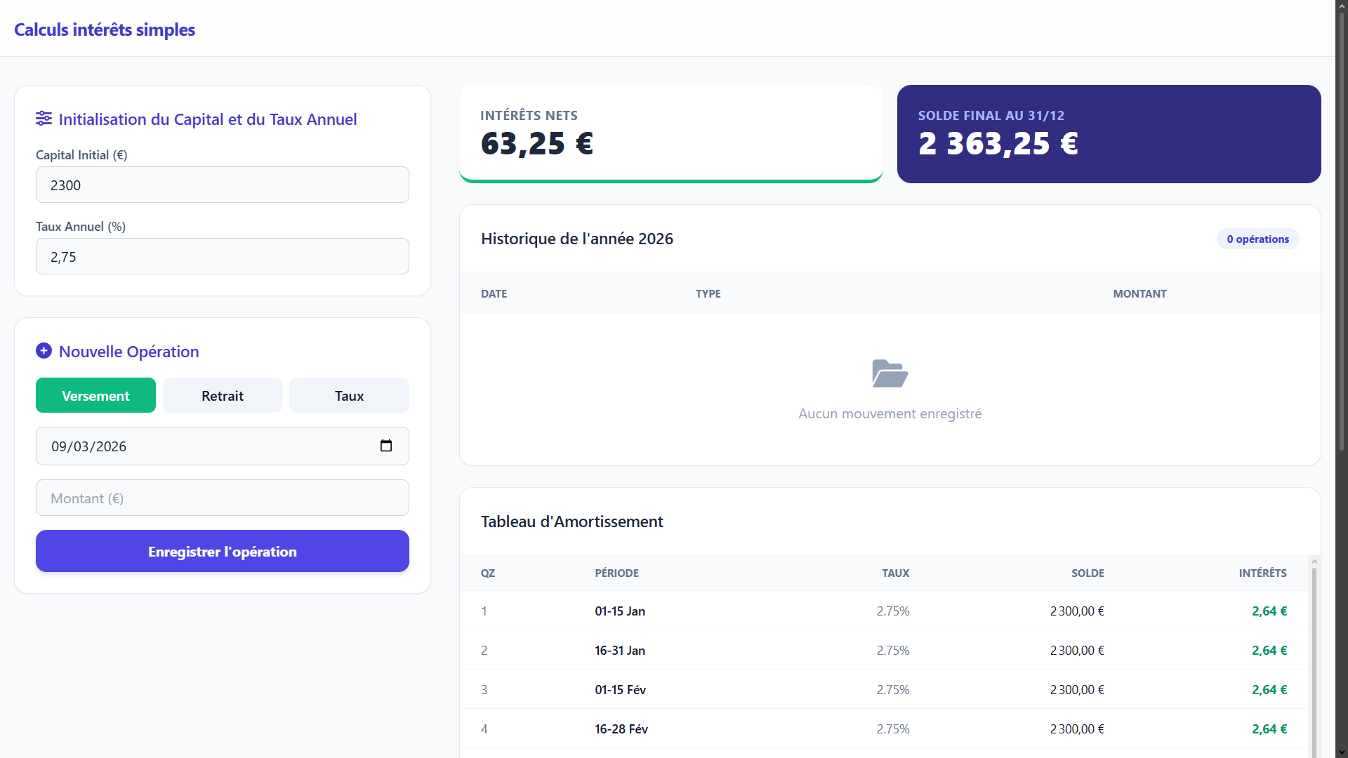 Calculs d'intérêts simples